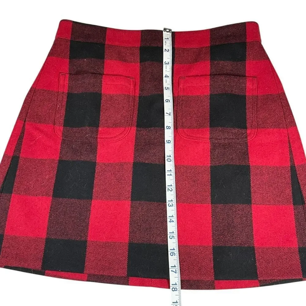 J.Crew Red Black Buffalo Check Wool Mini Skirt Size 4 Cozy Fall/ Winter Classic